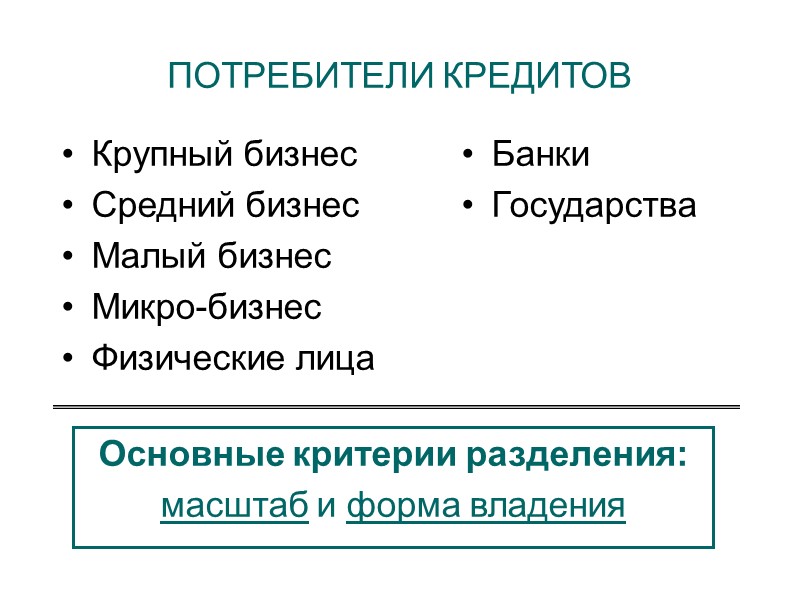 ПОТРЕБИТЕЛИ КРЕДИТОВ Крупный бизнес Средний бизнес Малый бизнес Микро-бизнес Физические лица  Банки Государства